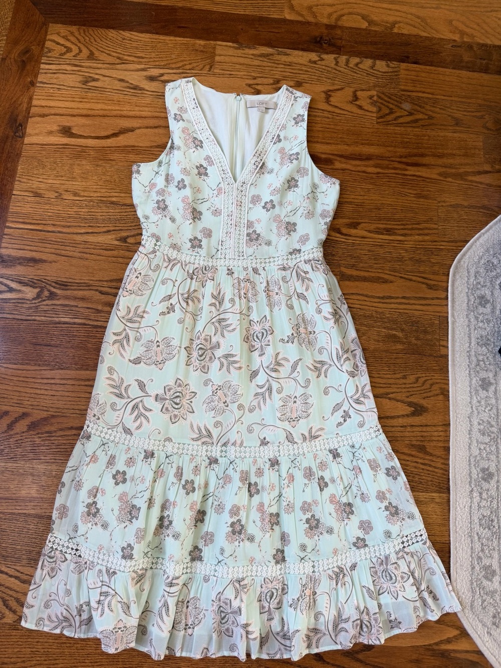 LOFT Mint Floral Tiered Midi Dress with Pink and Beige Details